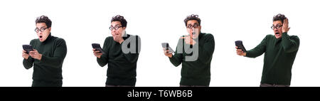 Nerd junger Mann mit Taschenrechner isoliert auf weißem Stockfoto