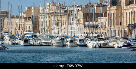 Ein Wald von Yachtmasten aus den zahlreichen Yachten und Vergnügungsschiffen, die an der Küste von Birgu in Malta festgemacht sind Stockfoto