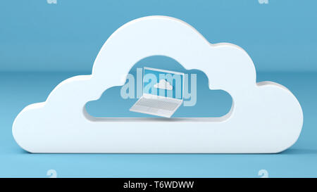 Notebook Computer in Cloud Computing Konzept 3D-Bild Stockfoto