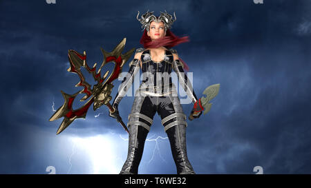 Antike Warrior Queen, weiblichen fantasy Fighter in der mittelalterlichen Schlacht Rüstung mit Speer und Schwert, 3D-Rendering Stockfoto