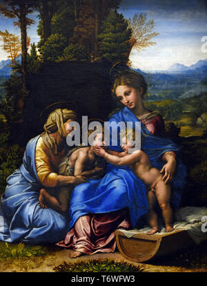 Die Jungfrau und Kind, St. Elisabeth und St. Johannes Kind in einer Landschaft, die so genannte Kleine Heilige Familie Raffaello Santi's Werkstatt, RAPHAEL 1483 - 1520 zu Giulio PIPPI, Giulio Romano 1492 - 1546 Italienisch, Italien zugewiesen, Stockfoto