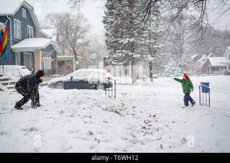 Vater und Sohn haben eine Schneeballschlacht in Ihrem Garten Stockfoto