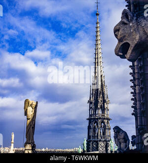 Turm der Kathedrale Notre-Dame de Paris vor dem 15. April 2019 Feuer, Musiker Engel Statue mit Trompete, Chimären, Paris, Frankreich, Europa, Stockfoto