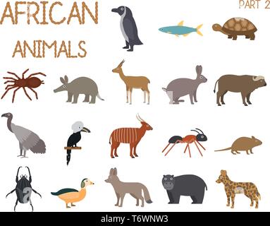 Afrikanische Tiere der Symbole im flachen Stil festgelegt, der afrikanischen Fauna, Zwerg Gans, afrikanische Geier, Büffel, Gazellen dorkas, etc. Vector Illustration Stock Vektor