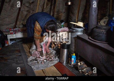 Russland, der Jamal-nenzen Autonome Region, Halbinsel Yamal. Traditionelle nomadische Hirten Nenzen rentier Camp. In typischen Zelt aka chum, Frau kochen. Stockfoto