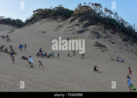 Pipa, Brasilien - 23. Januar 2019: Touristen Sandboarding auf einer Düne in der Nähe von Pipa auf Brasilien Stockfoto