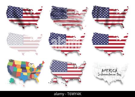 Vereinigte Staaten von Amerika Karte und Flags gesetzt. Mehrere grafische Gestaltung wie winken, Aquarell Malerei, gepunktete Stil, etc. Tag der Unabhängigkeit conc Stock Vektor