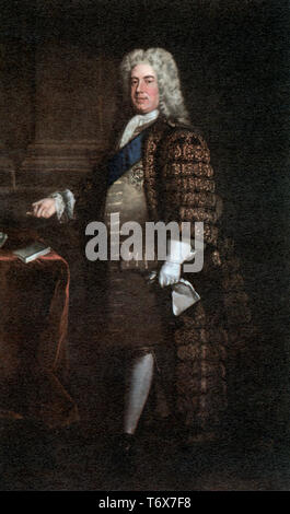 Sir Robert Walpole, 1. Earl of Orford (1676-1745), c1755. Nach Hans Hysing (1678-1753). Walpole war ein britischer Staatsmann, der allgemein als der de facto erste Premierminister Großbritanniens gilt. Stockfoto