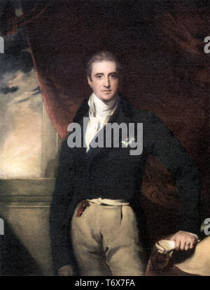 Robert Stewart, 2. Viscount Castlereagh und 2. Marquess of Londonderry (1769-1822), c1814. Von Sir Thomas Lawrence (1769-1830). Lord Castlereagh, irischer/britischer Staatsmann. Als britischer Außenminister war er ab 1812 ein zentraler Vertreter der Koalition, die Napoleon besiegte, und war der wichtigste britische Diplomat beim Wiener Kongress. Castlereagh war auch Anführer des britischen Unterhauses in der Regierung Liverpool von 1812 bis zu seinem Selbstmord. Als Chefsekretär für Irland war er an der Niederschlagung der irischen Rebellion von 1798 beteiligt. Stockfoto