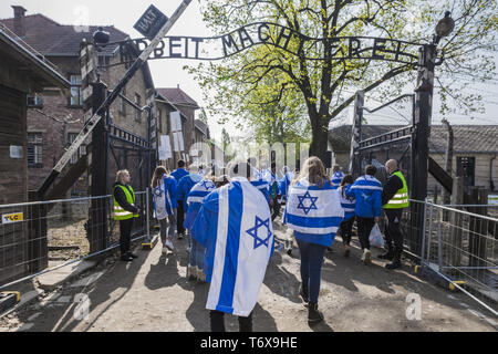 Oswiecim, Malopolska, Polen. Zum 2. Mai, 2019. Die Teilnehmer an der Marsch der Lebenden unter den ''Arbeit macht frei'' Tor des Konzentrationslagers Auschwitz in Oswiecim, Polen. Credit: Celestino Arce Lavin/ZUMA Draht/Alamy leben Nachrichten Stockfoto