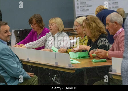 Brentwood Essex zum 2. Mai 2019 die Stimmzettel für die Kommunalwahlen UK lokale Wahl zählen 2019 Credit: Ian Davidson/Alamy Leben Nachrichten gezählt werden Stockfoto