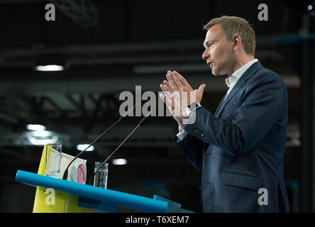 Berlin, Deutschland. 03 Mai, 2019. Vorsitzende Christian Lindner in seiner Rede an das Rednerpult. 70. Ordentlichen Bundesparteitag der FDP in Berlin, Deutschland am 26.04.2019. | Verwendung der weltweiten Kredit: dpa/Alamy leben Nachrichten Stockfoto