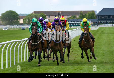 Musselburgh, East Lothian, Schottland, Vereinigtes Königreich. 3. Mai, 2019. Flache Pferderennen: 14.55 Weatherbys Hengst Buch Handicap Rennen. Die Pferde Rennen entlang der Geraden erste Ausdehnung mit Coolagh Wald geritten von Paul Hanagan der Sieger durch einen lila Trikot mit Sternen gekennzeichnet Stockfoto