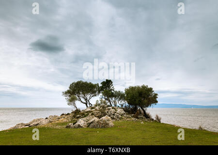 Bäume und Felsen in der Nähe der kleinen Bucht von Sveti Blaz (Insel Cres, Kroatien) an einem bewölkten Tag im Frühling Stockfoto