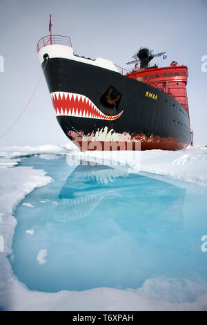 Luftaufnahme von Meereis in der russischen Arktis, Reise zum Nordpol an Bord der russischen Eisbrecher Yamal. Stockfoto