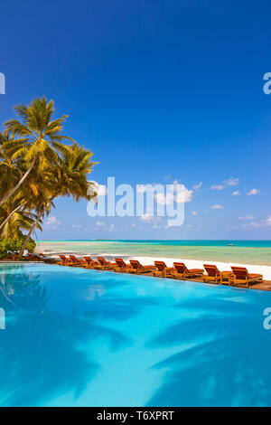 Liegen und Pool auf Malediven Beach Stockfoto