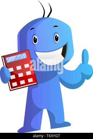 Blau cartoon Charakter mit seinem roten Taschenrechner illustration Vektor auf weißem Hintergrund Stock Vektor