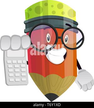 Roter Stift holding Taschenrechner in seiner rechten Hand illustration Vektor auf weißem Hintergrund Stock Vektor