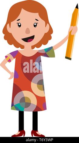 Frau im Kleid mit einem großen Bleistift illustration Vektor auf weißem Hintergrund Stock Vektor