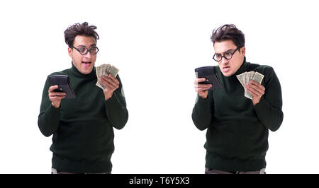 Nerd junger Mann mit Taschenrechner isoliert auf weißem Stockfoto