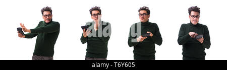 Nerd junger Mann mit Taschenrechner isoliert auf weißem Stockfoto