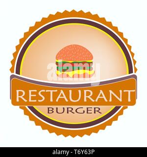 Vektor logo Essen im Restaurant orange Farbe, saftig Lecker burger Cheeseburger für Werbung auf weißem Hintergrund Stock Vektor