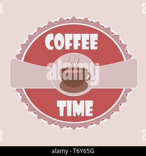Vektor Banner Logos für Menü restaurant Werbung Morgen heißen Getränk Kaffee in der Tasse Emblem auf einem rosa Hintergrund Stock Vektor