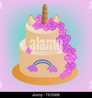 Vektor Kuchen pink mit Einhorn und Regenbogen für Kinder zum Geburtstag mit Blumen und Creme für Mädchen Stock Vektor