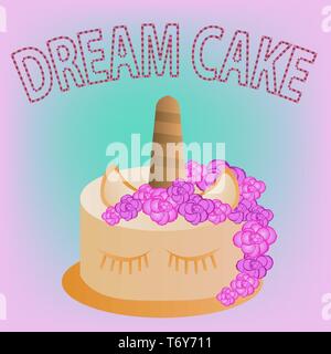 Vektor Kuchen pink mit Einhorn für Kinder zum Geburtstag mit Blumen und Creme für Mädchen mit Text Traum Stock Vektor
