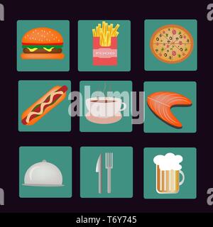 Vector Icons der Mahlzeiten, Getränke, Fast Food auf Türkis und schwarzen Hintergrund für Werbung Stock Vektor