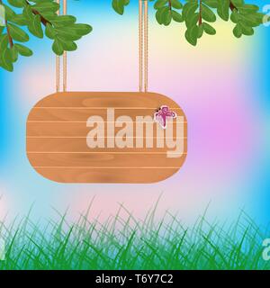 Vector Illustration Holzbrett Zeiger auf ein Seil an einem Baum mit Blättern auf eine farbige Natur Hintergrund in der Nähe von Gras im Frühling und Sommer für advertisin Stock Vektor