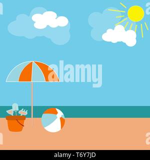 Vektor Poster banner Strand Rest auf dem Sand mit Sonnenschirm Spielwaren und Ball auf einem hellen Sommer im Meer Stock Vektor
