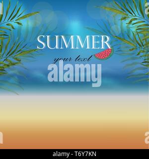 Wallpaper vektor Banner mit Blick auf den Strand mit goldenem Sand und Meer mit Palmen und Scheiben Wassermelone für das Poster mit dem Text Sommer Hel Stock Vektor