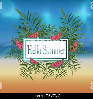 Wallpaper vektor Banner mit Blick auf den Strand mit goldenem Sand und Meer mit Palmen und Scheiben Wassermelone für Poster mit Text in Frame Summe Stock Vektor