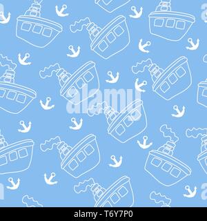 Vektor Muster für Textilien boys für Kinder mit einem Schiff und einen Anker auf einem blauen Hintergrund. Eps 10. Stock Vektor