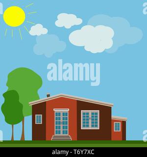 Vector Illustration eines Design City Landschaft mit einem Haus und Holz im Freien im Sommer Wetter mit Sonne. Abstrakte Architektur. Stock Vektor