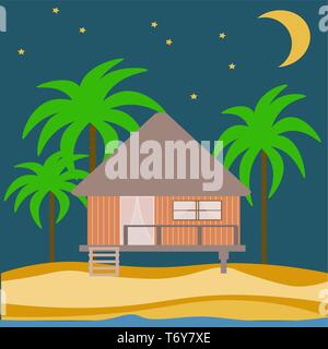 Vektor abstrakten Haus einer Holz- Bungalow am Strand in den Sand mit Palmen mit einem Monat und die Sterne in der Nacht. Architektur Landschaft Stock Vektor