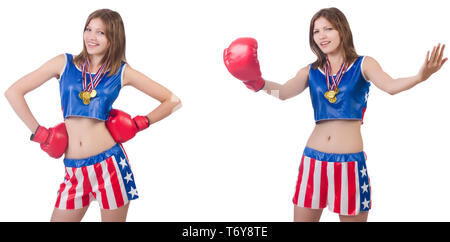 Junge weibliche Boxer mit Goldmedaille isoliert auf weißem Stockfoto