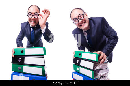 Lustiger Mensch mit vielen Ordnern auf weiß Stockfoto