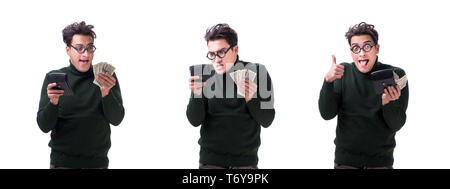 Nerd junger Mann mit Taschenrechner isoliert auf weißem Stockfoto