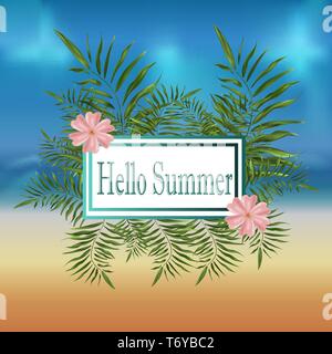 Wallpaper vektor Banner mit Blick auf den Strand mit goldenem Sand und Meer mit Palmen und rosa Blüten in einem Frame für ein Plakat mit dem Text Sommer er Stock Vektor