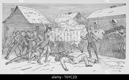 Gravur der Boston Massaker, britische Armee Soldaten schießen Anwohner, als der Vorfall in der King Street, Boston, Massachusetts, 1770 bekannt. Von der New York Public Library. () Stockfoto