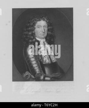 Graviert Portrait von Sir Edmund Andros, der Gouverneur von der Herrschaft der Neu-england und den Provinzen von New York, Ost und West Jersey, Virginia und Maryland, eine englische Kolonialverwaltung von London, England, 1750. Von der New York Public Library. () Stockfoto