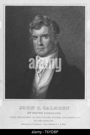 Graviert Portrait von John Caldwell Calhoun, der Vizepräsident der Vereinigten Staaten, und der Präsident des Senats, ein amerikanischer Staatsmann und politische Theoretiker aus South Carolina, 1843. Von der New York Public Library. () Stockfoto