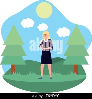 Tausendjährige student blonde Frau mit Rock im Freien sms mittels Smartphone Gras und Bäume Natur Hintergrund Frame Vector Illustration graphic design Stock Vektor