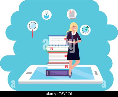 Online Bildung tausendjährigen Student blonde Frau in Kleid Tablet und buchen Sie Stapel Hintergrund junge Person Karriere Suche splash Frame Vector Illustration graphic design Stock Vektor