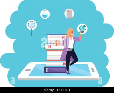 Online Bildung tausendjährigen Student blonde Frau tragen Kimonos Tablet und buchen Sie Stapel Hintergrund junge Person Karriere Suche splash Frame Vector Illustration graphic design Stock Vektor