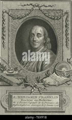 Graviert Portrait von Benjamin Franklin, der Gründerväter der Vereinigten Staaten, ein US-amerikanischer Politiker, Naturwissenschaftler, Erfinder, Staatsmann und Diplomat aus Boston, Massachusetts, Europa, 1780. Von der New York Public Library. () Stockfoto