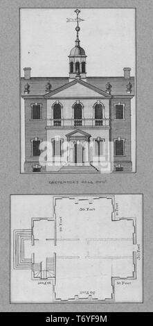 Eingravierte Zeichnung der Fassade und Grundriss der Carpenter's Hall in Philadelphia, Pennsylvania, 1885. Von der New York Public Library. () Stockfoto