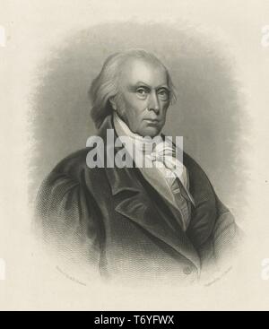 Graviert Portrait von James Madison, der Gründungsväter und der vierte Präsident der Vereinigten Staaten, ein amerikanischer Staatsmann ab Hafen Conway, Kolonie Virginia, Amerika, 1850. Von der New York Public Library. () Stockfoto